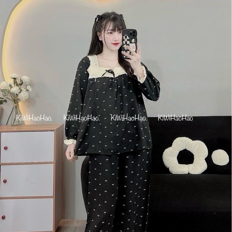 Bộ bầu - bộ sau sinh - BỘ ĐŨI NHĂN DÀI HÌNH NƠ CỔ VUÔNG REN - 2 Màu,áo có khóa kéo hai bên,quần có chun chỉnh Tiện Lợi 4