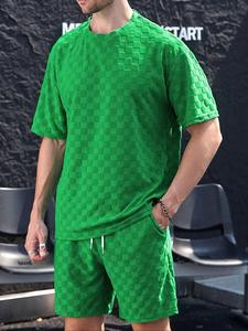 Men's Checkerboard Textured Short Sleeve Tee & Drawstring Waist Shorts Set, Loose Casual Round Neck T-shirt & Shorts, Summer Clothes Set for Men