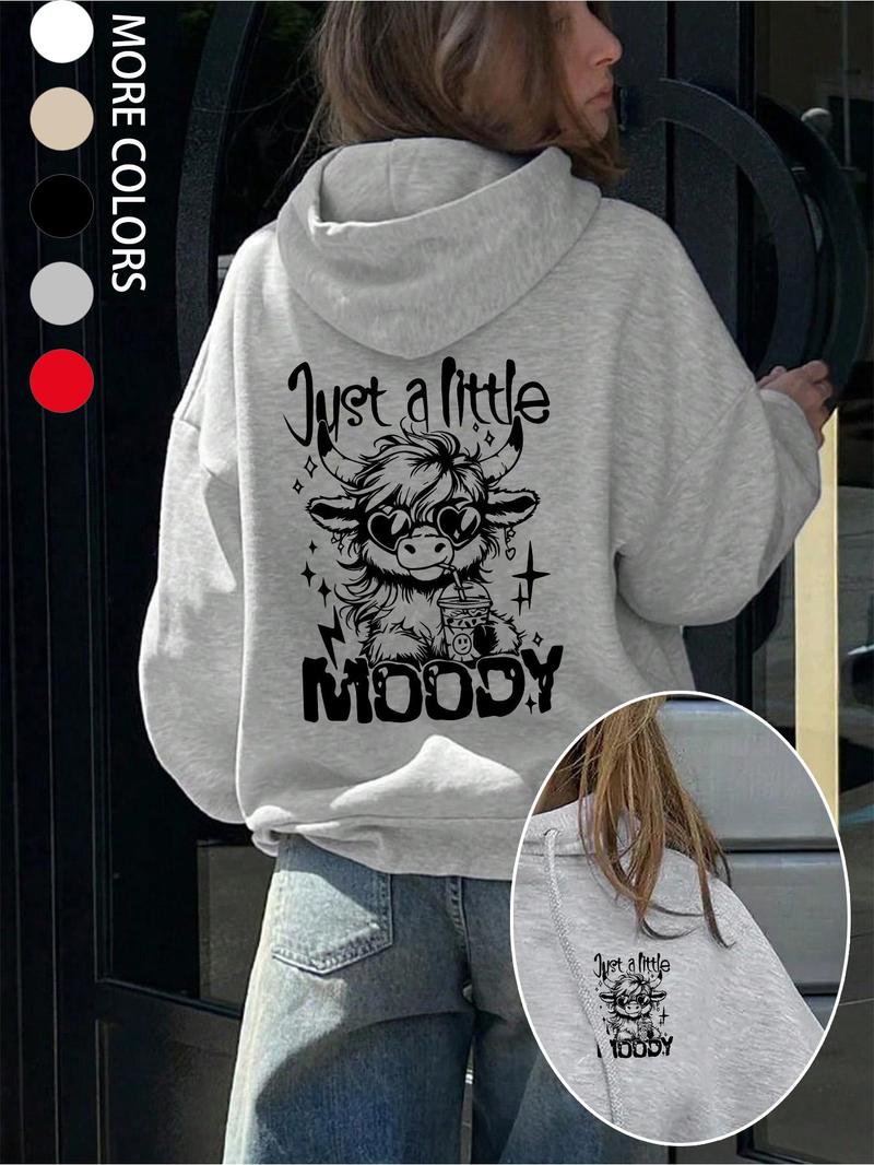 Product Introduction of Women's Cartoon Highland Cow Print Hoodie, Casual Thermal Lined Long Sleeve Hooded Sweatshirt for Fall & Winter, Women's Clothes for Daily Wear 5