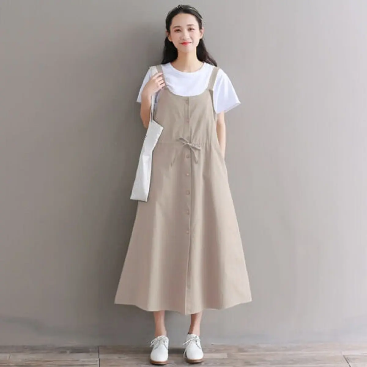 MADHARSHOP Nesta Overall Dress Wanita Korean Style Jumpsuit Rok Polos Katun Cigaret Casual Midi Panjang Pendek