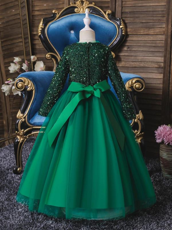 Girl's Long Sleeve V Neck Sequin Dress, Bow Front Fit & Flare Party Dress For Formal Occasions, Kids Clothes, Fashion Girl's Ball Gown For Spring & Fall 2