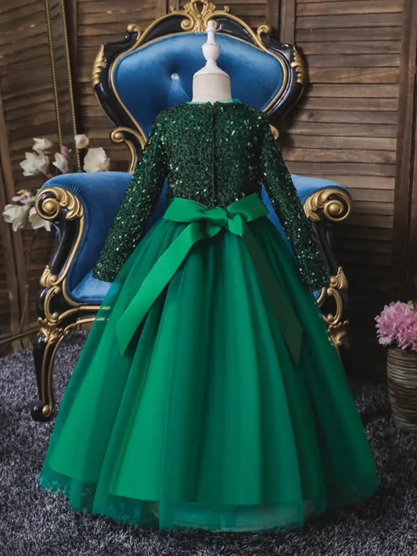 Girl's Long Sleeve V Neck Sequin Dress, Bow Front Fit & Flare Party Dress For Formal Occasions, Kids Clothes, Fashion Girl's Ball Gown For Spring & Fall 1