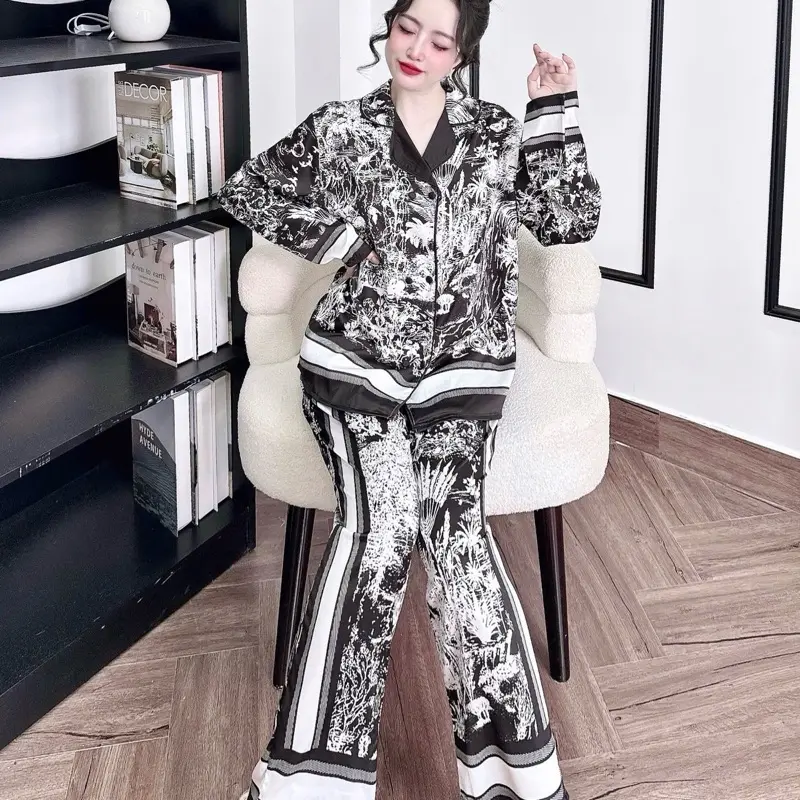 Đồ Bộ Pijama Bigsize,Vest Rừng Đen, FROM RỘNG Lụa Latin Tơ Tằm quần dài 95cm 3