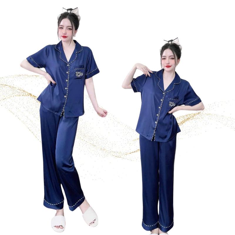 N1 Đồ bộ PIJAMA lụa Latin màu trơn phối viền túi thêu thiệt quần dài áo tay ngắn thoải mái mát mẻ nhiều màu tôn da có size Shop GU CHỊ GU EM đồ macnha chất liệu lụa latin mềm nhẹ thoáng mát