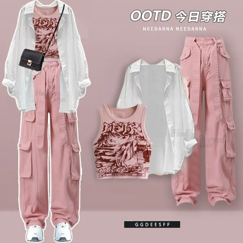 One Two Three-Pieces Large Size Women's Summer Suit Women's 2023 New Western Style Youthful-Looking Sling Shirt Waist Tight Overalls Three-Piece Suit Fashion
