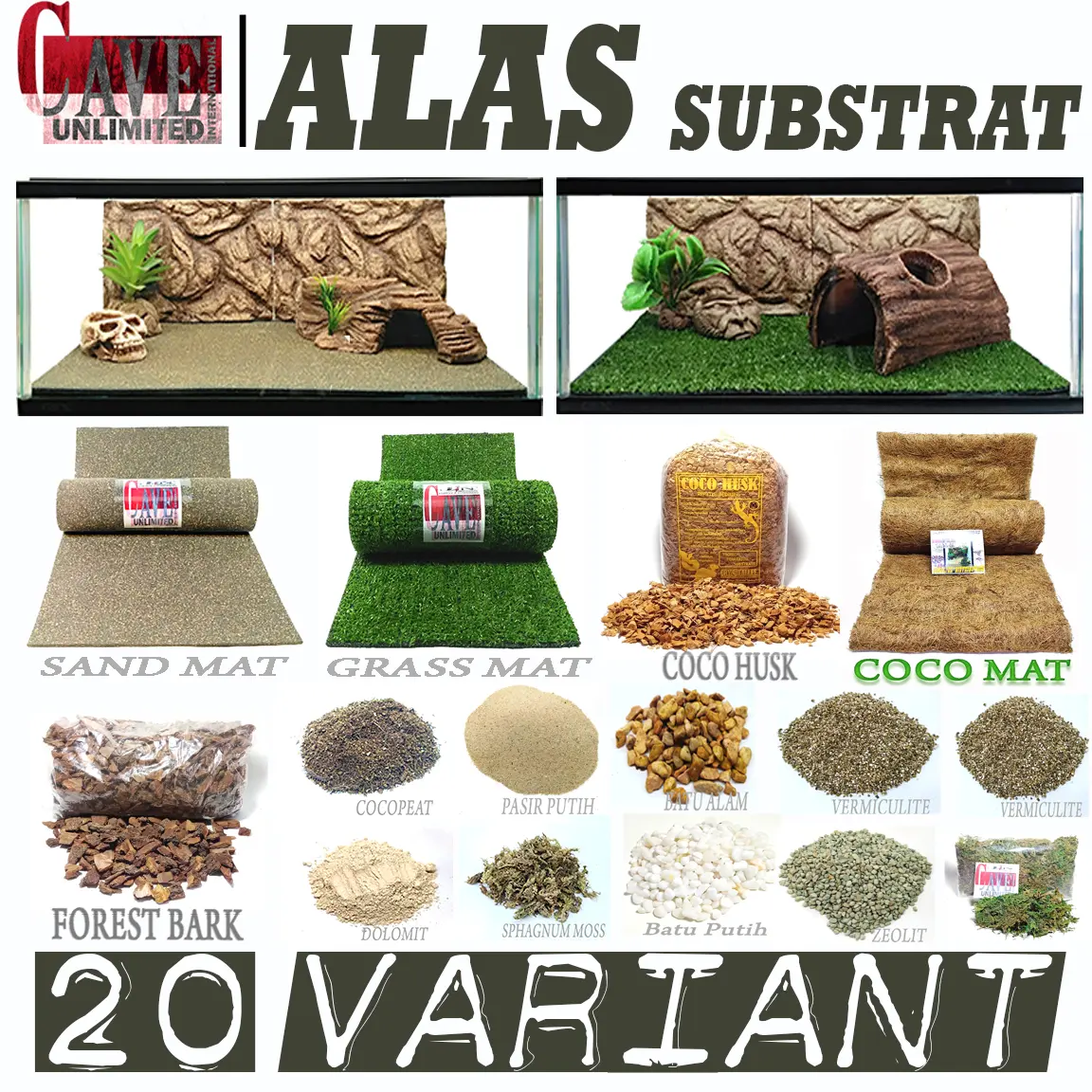 VARIAN ALAS KANDANG HEWAN SUBSTRATE BEDDING MEDIA REPTILE TARANTULA GECKO KARPET KURA SILCATA TORTOISE ULAR KADAL KELOMANG COCOPEAD DOLOMIT PASIR BATU FORESTBARK COCOHUSH