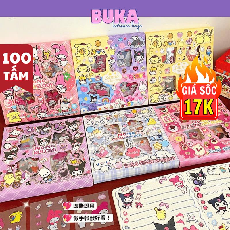 Hộp 100 Sticker Chủ Đề SANRIO cắt sẵn sticker color palette phụ kiện trang trí BUKA 0