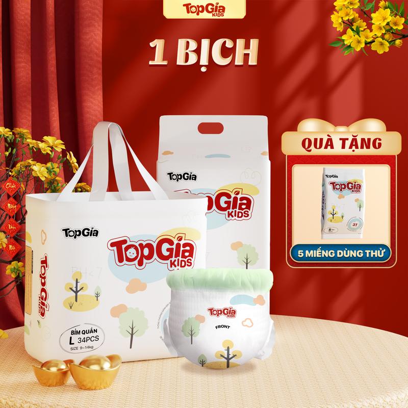 (1 BỊCH GIÁ DÙNG THỬ) Tã/Bỉm TopGiaKids pH < 7 ngừa hăm, đai chun đệm mây mềm mại co dãn 4 chiều, thấm hút bề mặt khô thoáng size S đến XXXL cho bé từ 4-20kg kem