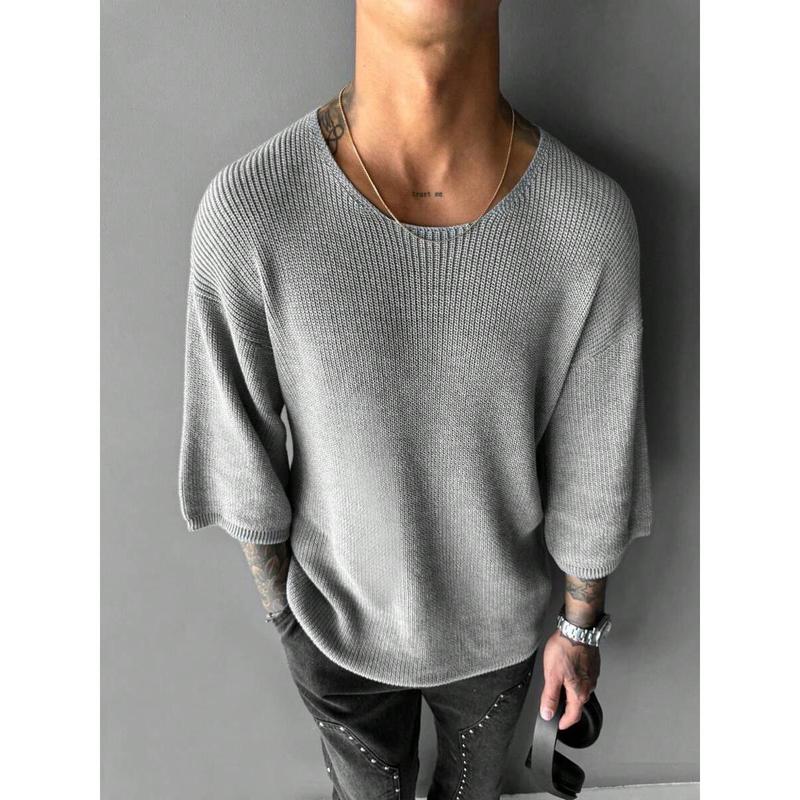 Men's Solid Color Round Neck Loose Fit Knitted Short Sleeve Top Knitwear Menswear Beige Crewneck Plain Tropical Knife Grey 1