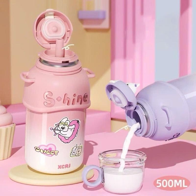 Bình nước giữ nhiệt 500ML có dây đeo hình gấu Thép không gỉ 316 Có Cốc và Ống hút