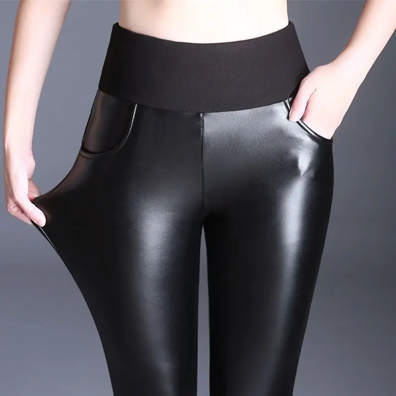 Quần Da, Quần Legging Nữ, Cạp Cao, Ngoại Cỡ, Nhỏ, Co Giãn, PU, Lót Lông Cừu, Thích Hợp Cho Mùa Thu Và Mùa Đông, Không Lót Lông Cừu