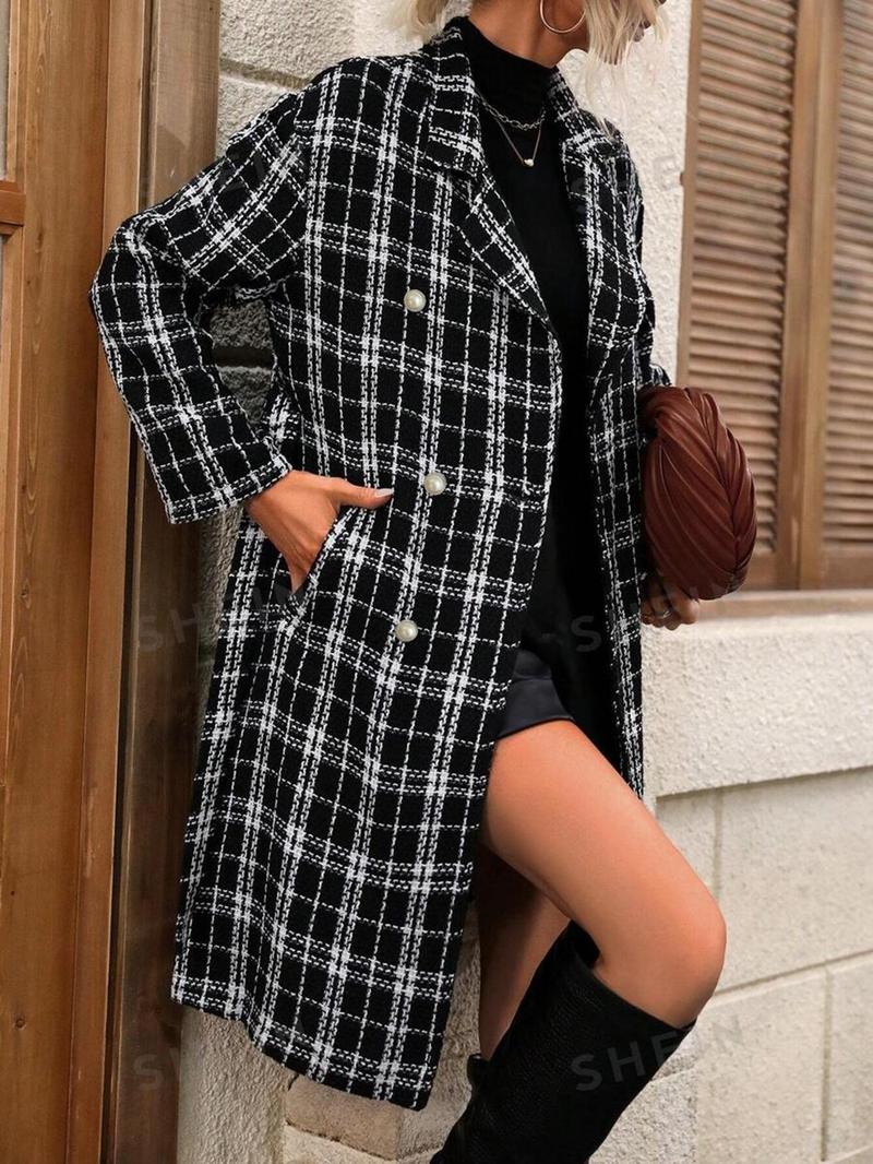 Product Introduction of Women's Plaid Print Button Front Belted Coat, Elegant Long Sleeve Lapel Neck Outerwear for Fall & Winter, Ladies Clothes for Daily Wear 1