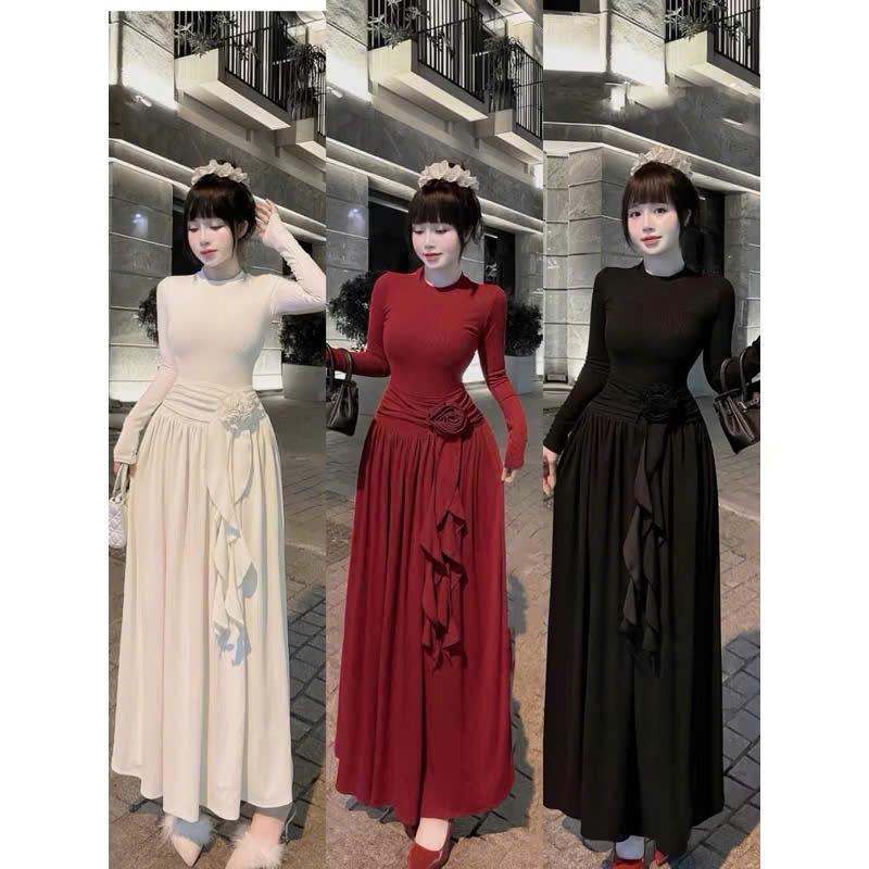  SM - Đầm nữ cổ tròn tay dài nhún eo phối hoa tua rua dáng tùng xòe dài tiểu thư - thun gân lạnh H745 Váy boby  váy body nữ tôn dáng  váy xinh  váy đi tiệc  váy đi biển 