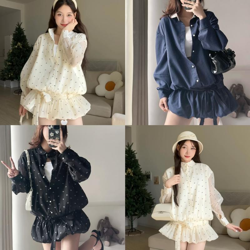 Yumi Set Bộ váy kẻ tay dài thắt nơ hông kèm quần short dáng bí thiết kế có bigsize Clay Clothing