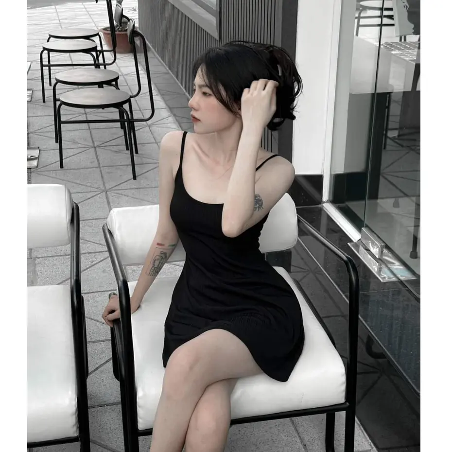 BARE_(Có size) Đầm hai dây nữ form ngắn xòe nhẹ kèm quần trong chất thun gân trung mềm mát-D017 Women Kem Dress Nhung