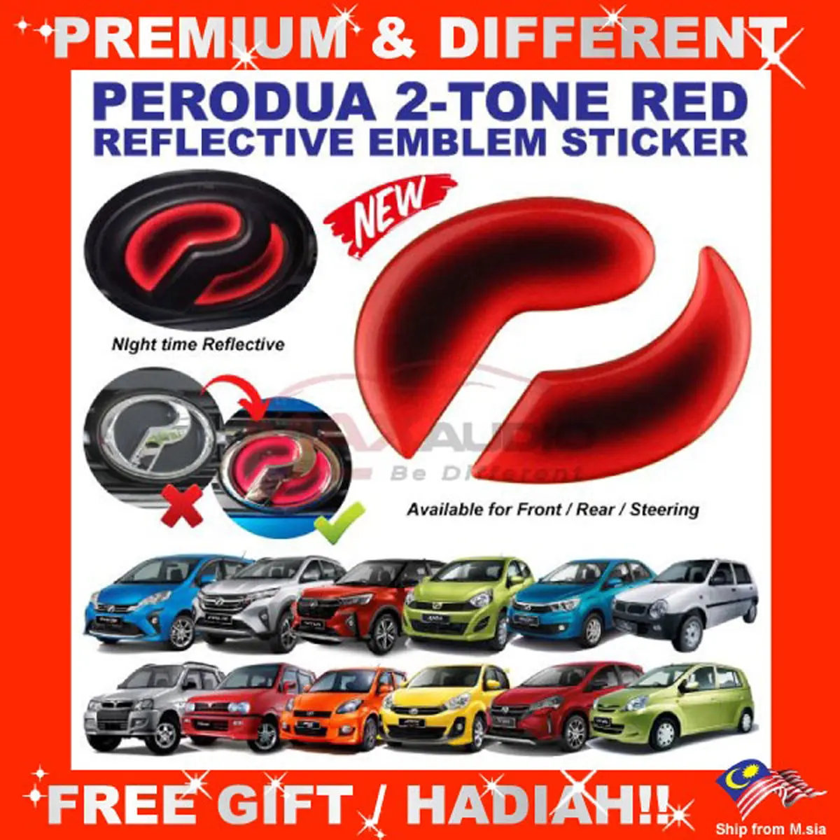 Logo Emblem Sticker PERODUA ALZA AXIA BEZZA MYVI VIVA ARUZ Front Rear Steering Night Reflective 2-Tone Epoxy Red Black