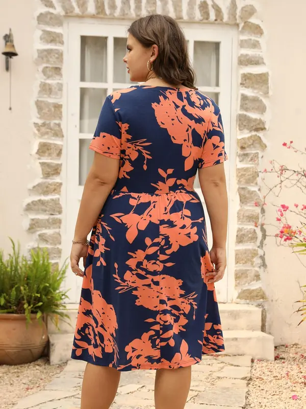 【Plus Size】Floral Print Pocket Round Neck A Line Dress, Casual Summer Clothes Women, Women's Short Sleeve Dress for Summer, Women's Clothes for Daily Wear, Womenswear, Plus Size Tummy Flattering Dresses 8