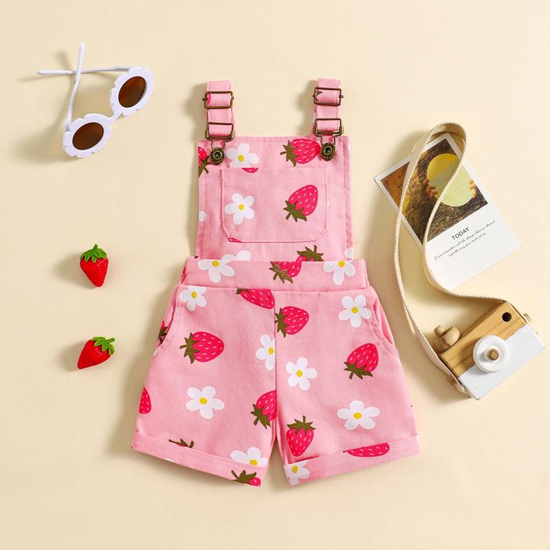 Product Introduction of Pink/ White Toddler Kid Little Girl Denim Overalls Flower/Strawberry Print Jeans Overalls Strap Suspender Shorts Outfit 6 12 18 24 Months 2-6 Years Old Kid 51
