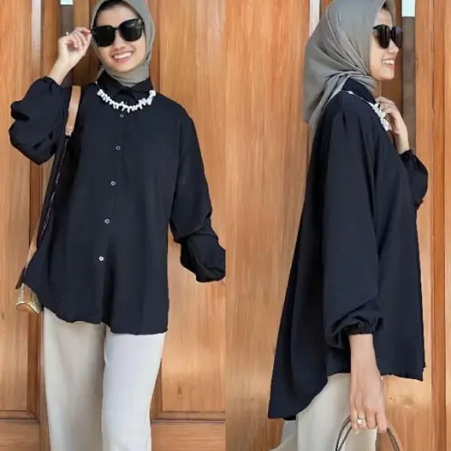 Kemeja Wanita Premium Lengan Balon Karet Kemeja Wanita Polos Basic Lengan Panjang Woman Long Sleeve Original 1