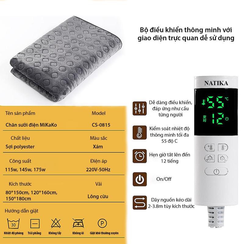Chăn Điện NATIKA công suất 115W dùng để đắp. Chăn sưởi, đệm điện, nệm sưởi 9