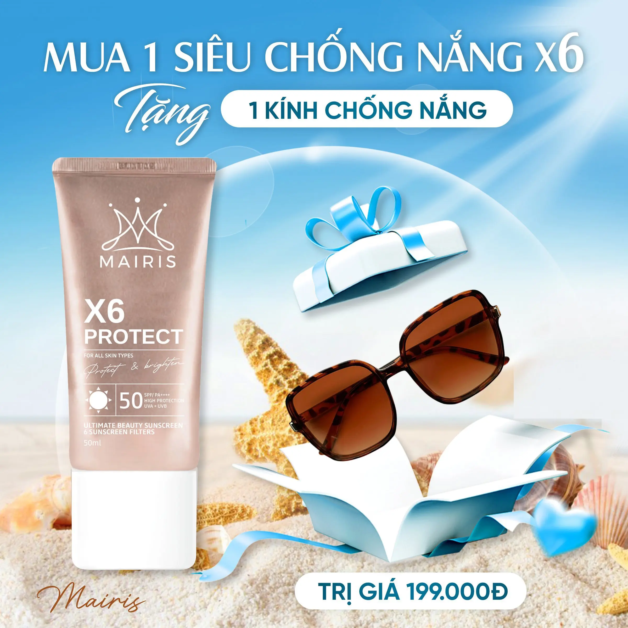 Kem Siêu Chống Nắng X6 PROTECT MAIRIS Nâng Tông Kiềm Dầu , Chống Nắng ,Dưỡng Trắng Da 50g - Tặng Kính Chống Nắng