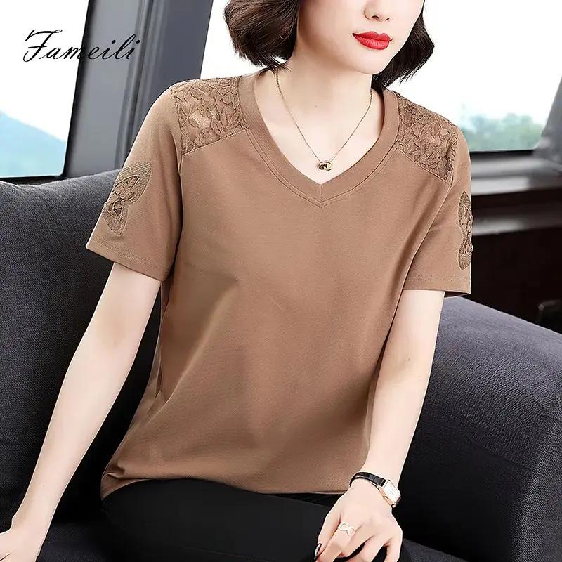 Áo Thun Nữ Ngắn Tay, Bộ Sưu Tập Mùa Hè, Phong Cách Phương Tây Mới, Áo Ngoại Cỡ Dành Cho Mẹ TRUNG NIÊN, Dáng Rộng Rãi Và Mỏng, Áo Sơ Mi Bụng Ẩn Top Women