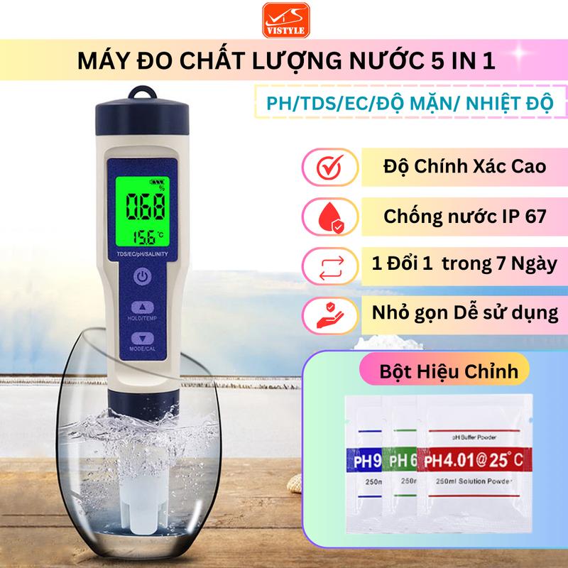 Máy đo chất lượng nước 5 Trong 1, bút thử nước đo TDS, EC, PH, Độ Mặn, Nhiệt độ Độ chính xác cao, Chống nước IP67, Nhỏ gọn dễ sử dụng - vistyle