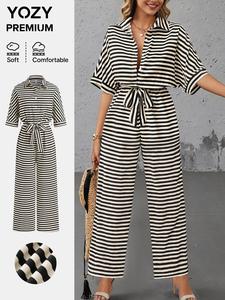 YOZY Women's Striped Print Button Front Belted Jumpsuit, Casual Half Sleeve Collared Jumpsuit for Spring & Fall, Women's Clothes for Daily Wear