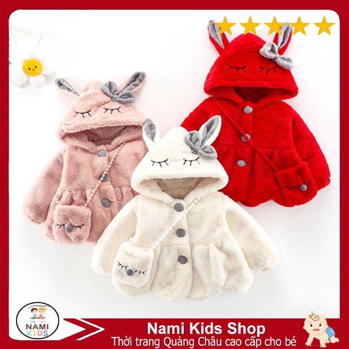 [166:P] Áo khoác lông quảng châu cho bé thiết kế nón tai thỏ tặng kèm túi đeo chéo đáng yêu