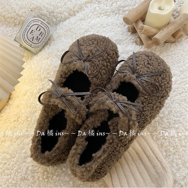 Giày búp bê lông đế bệt dẻo đính hai nơ mũi tròn phong cách tiểu thư hàn quốc TN19