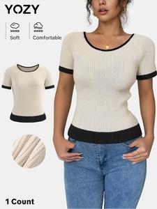 YOZY Women's Colorblock Short Sleeve Sweater Pullover, Casual Round Neck Jumper for Spring & Fall, Fashion Women's Knitwear for Daily Wear