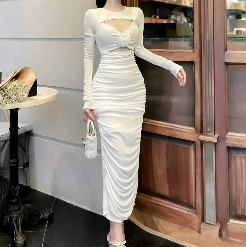Đầm Tay Dài Cổ Tròn Khoét Hở Đính Nơ Giữa - Có Mút - Dài Midi Nhún Hai Hông Ôm Body - đầm ôm body váy dự tiệc váy xinh đầm nữ vaytet vay sang váy  body
