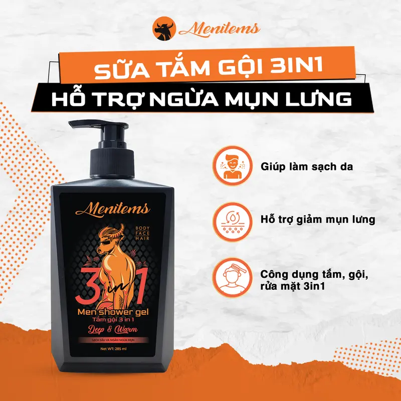 [ĐỘC QUYỀN LIVE] Sản phấm sữa tắm mụn lưng 3in1 Menitems hỗ trợ sạch mụn lưng, hương nước hoa nam tính giúp làm sạch da, dưỡng ẩm 285ml Skincare 4