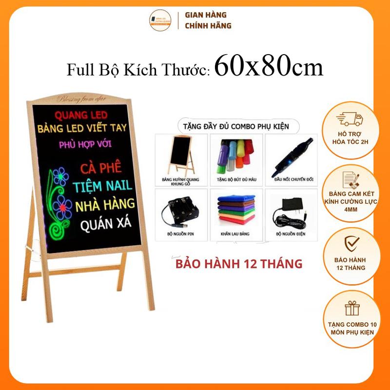 Bảng Led Huỳnh Quang khung Gỗ 60x80cm ( Tặng kèm chân giá + 8 bút + Điều khiển + khăn lau)