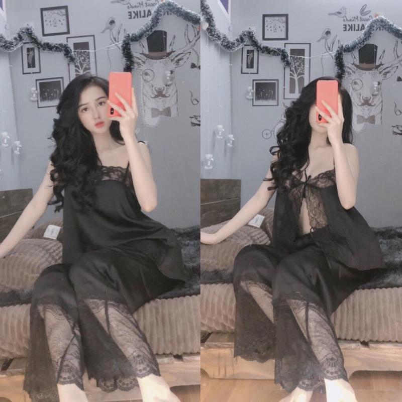 Đồ bộ mặc nhà 2 dây Sexy lụa Latin kết hợp ren Nữ Áo Women Tua Rua 2