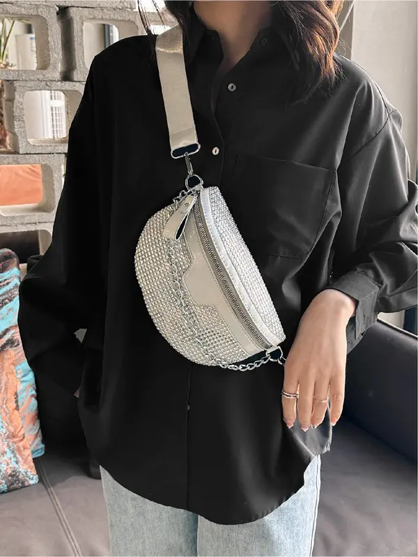 Fashion Rhinestone Decorated Fanny Pack, Casual Versatile Chain Strap Chest Bag for Women, Simple All-match Sling Bag for Daily Life 5