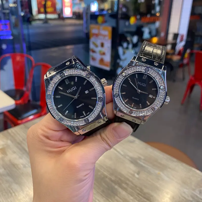 Hugi Đồng Hồ dây da Nam nữ luxury 603 basic dây da niềng đá cao cấp, sang trọng. Đồng hồ đeo tay thời trang, phụ kiện đẹp. Kiềng Watch 6