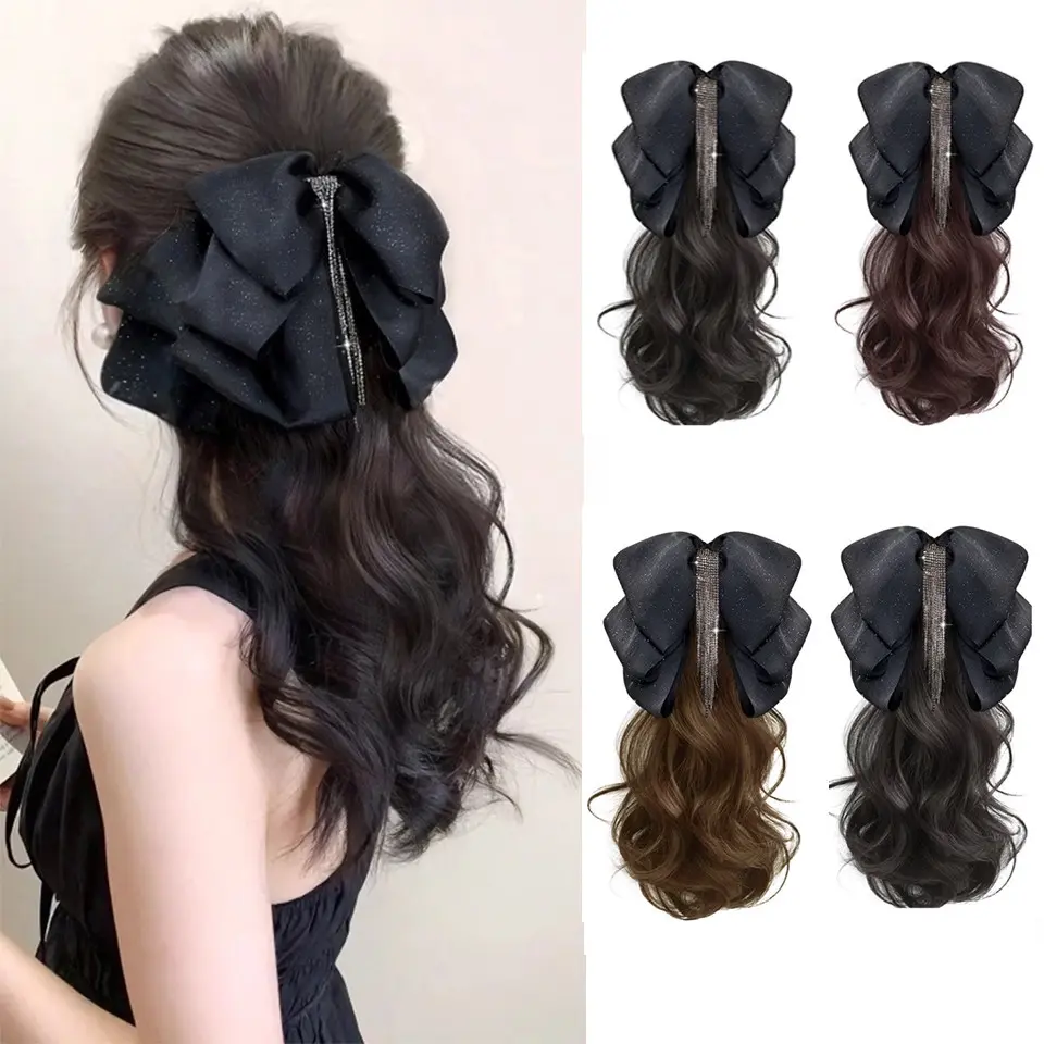 Ponytail wig extensions Woman for wigs Wave curly hair Tassel bow claw clip ponytail Synthetic ponytail wig