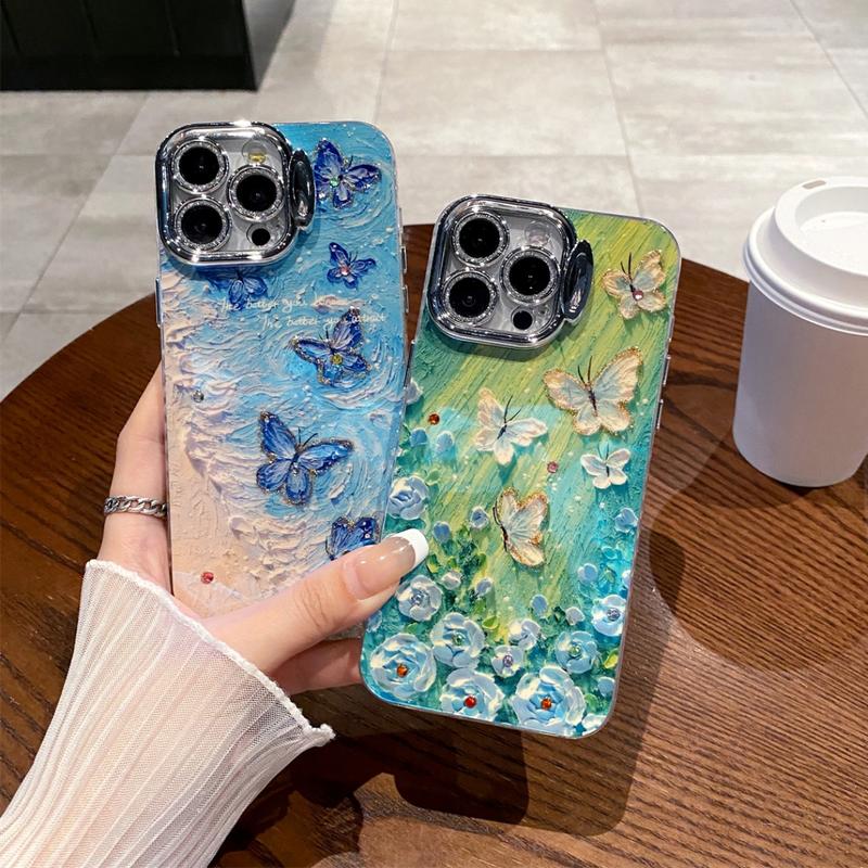Ốp Điện Thoại Chân Đế Vô Hình, Thiết Kế Hình Bướm Hoa Hồng Sơn Dầu Phong Cách Instagram, Tương Thích Với iPhone 16Pro Max, iPhone 11, 12, 13, 14, 15, 16plus, 12promax, 13prm, 15plus, Bảo Vệ Camera, Chống Sốc Bốn Góc, Ốp Điện Thoại