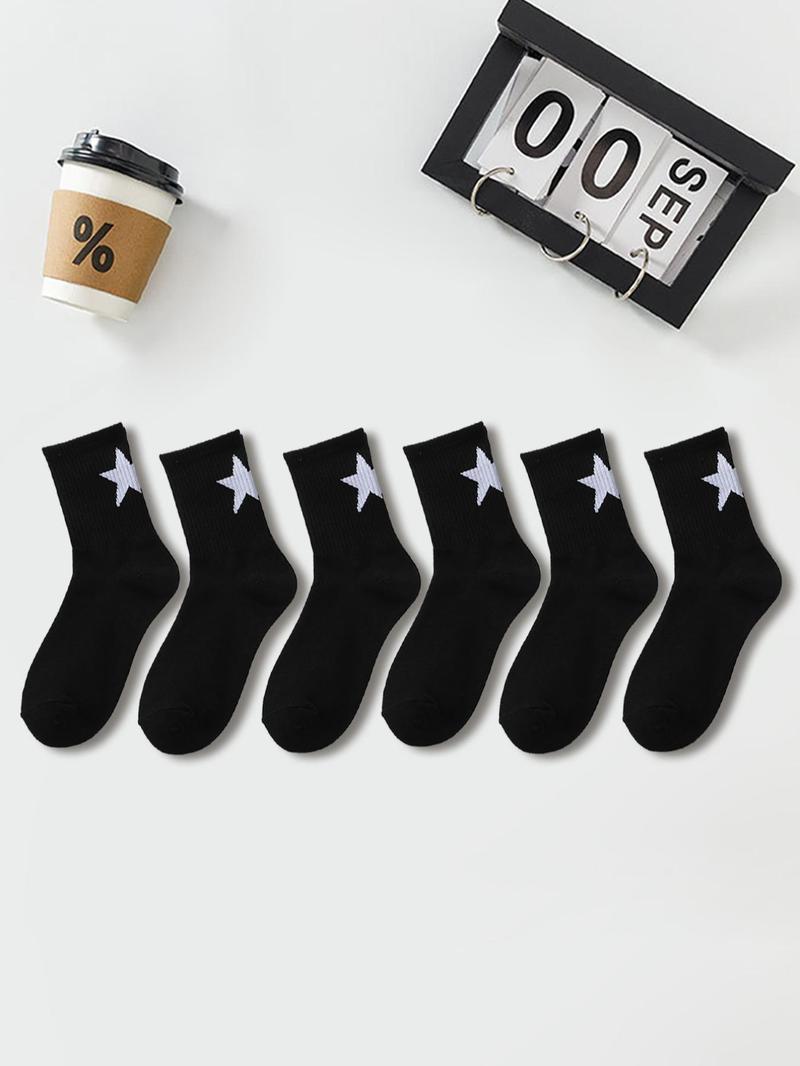Product Introduction of Women's 6 Pairs Star Print Crew Socks, Mid-calf Socks, Ribbed Knit Mid Tube Socks, Multi-pack Mid Tube Socks for Women, Women's Socks & Hosiery 4