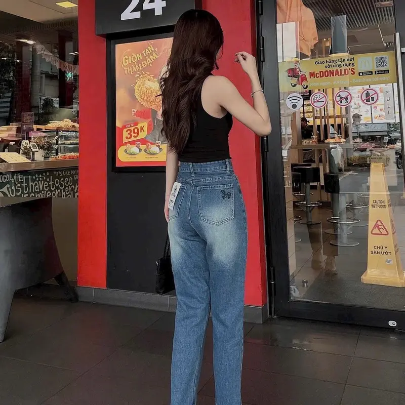 Dài 95cm - Quần Baggy Jean Nữ Thêu Thỏ Nhỏ Xinh Vải Mềm Lưng Cao Tôn Dáng 358 (40-70ky) - nữ  Pants Có Túi quần bò quạ ne Women 1