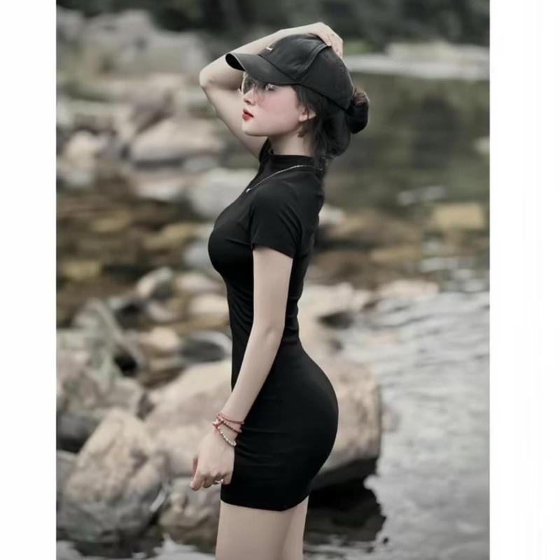 Đầm Váy đen ôm body tôn dáng sexy chất thun tăm co dãn, Đầm suông dáng ngắn cá tính đi chơi dự tiệc phong cách hàn quốc mã hp44 2