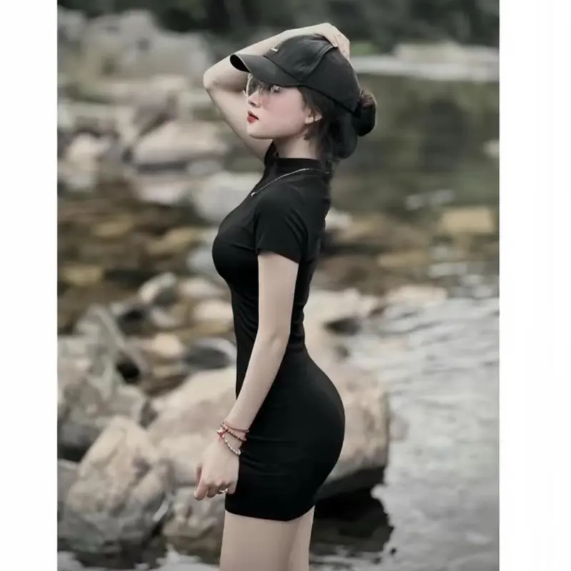 Đầm Váy đen ôm body tôn dáng sexy chất thun tăm co dãn, Đầm suông dáng ngắn cá tính đi chơi dự tiệc phong cách hàn quốc mã hp44 2