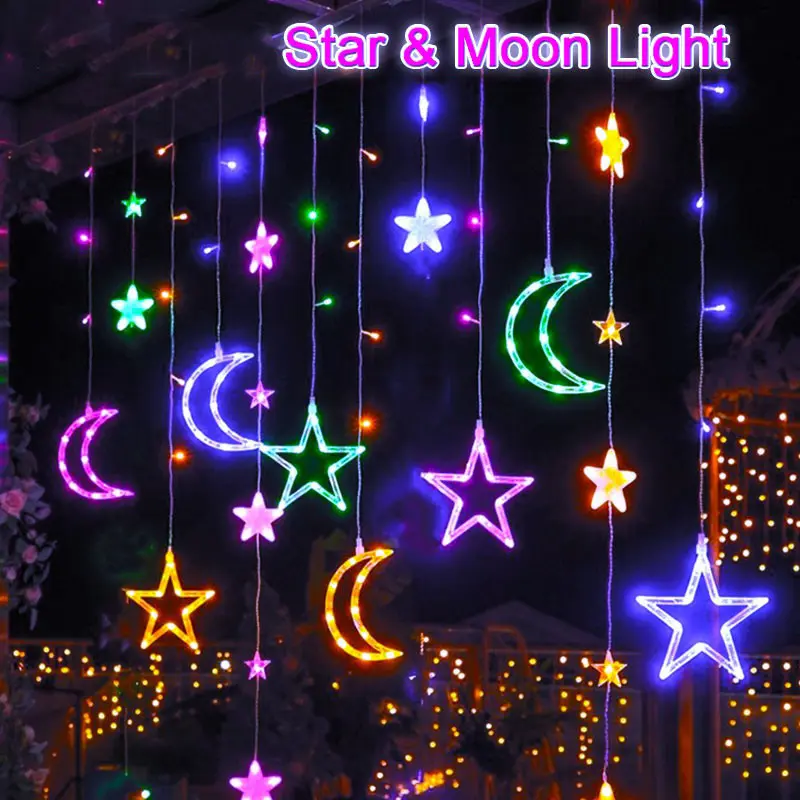 Ready Stock Lampu Raya LED Star Moon Curtain String Lights 8 Modes LED Light for Indoor Outdoor Home Garden Christmas Halloween Holiday Wedding Party Garden Curtain Decoration[1000mAh]