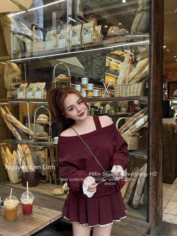 I0197 XẢ KHO Set bộ áo nỉ form rộng mix ren trễ vai kèm chân váy xòe tầng trẻ trung Thu Đông by IRIS STORE 2