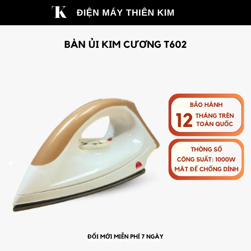 Bàn ủi Kim Cương T602 - 1000W mặt đế chống dính - bảo hành 12 tháng toàn quốc - bàn là chống dính Ủi Quần Áo Là Quần Áo