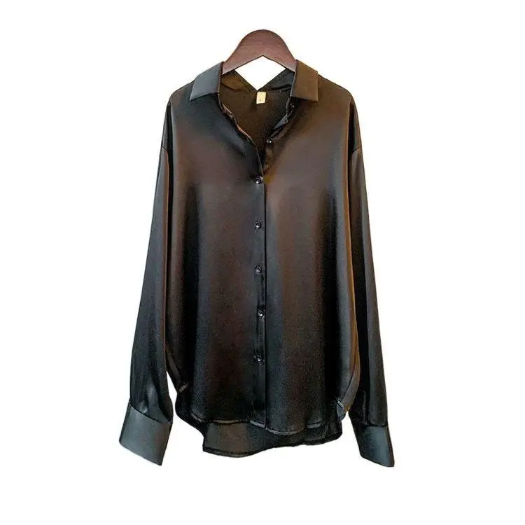 Long Sleeve Satin Shirt for Women, Unique Design,New Versatile Draped Retro Blouse