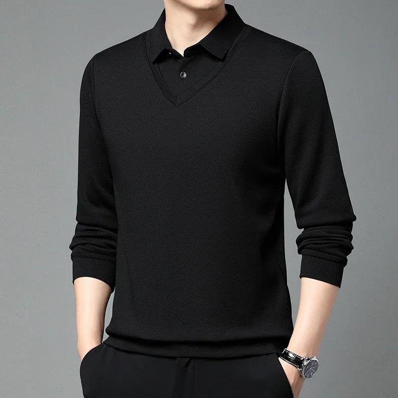 Men'S Long Arm Polo Shirt Korean-Style Fake Two-Piece Business Men'S Casual Fashion Long-Sleeved Solid Color Lapel Shirts Comfortable All-Match Top For All Seasons Menswear Lingerie 7