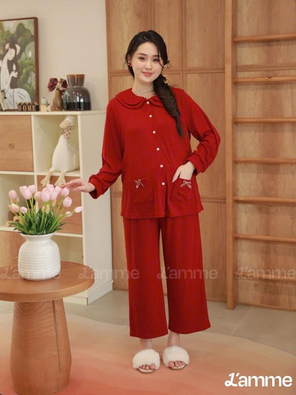 [L'AMME] Bộ ngủ bầu bộ mặc nhà ARIN gồm áo dài tay và quần dài, chất liệu len tăm lông thỏ mềm mại, ấm áp, thiết kế họa tiết kẻ tinh tế, trẻ trung phù hợp với mẹ bầu mặc trong bầu và sau sinh