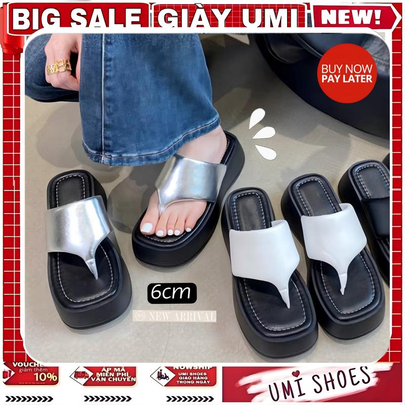VIDEO THẬT DÉP XUỒNG KẸP Tông Xỏ Quai Tam Giác Da Đẹp Màu Đen Bạc Đế Cao 6cm Bánh Mì Xinh Đẹp Đi Biển Hot Mới